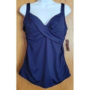Swim Top Navy 10 Solid Wrap Front MED Underwire Lands End Tummy Control S801